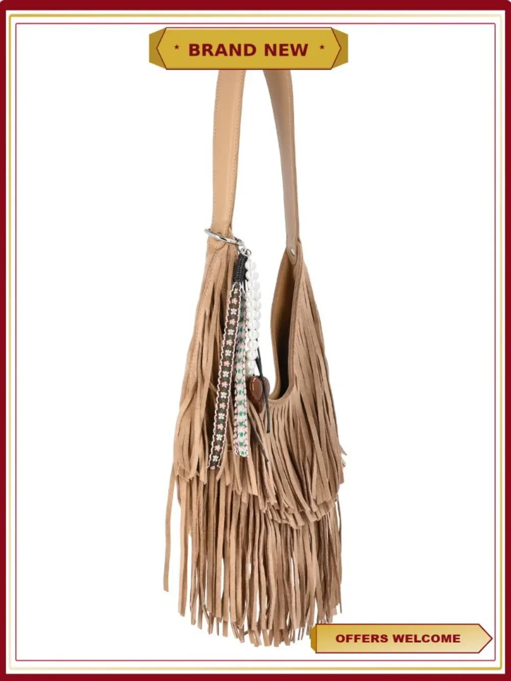 Fringe Hobo Bag with Shoulder Strap and Keychain Charm